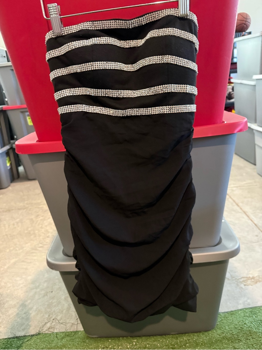 Black Strapless Ruched Evening Dress with Rhinestone Trim mp39